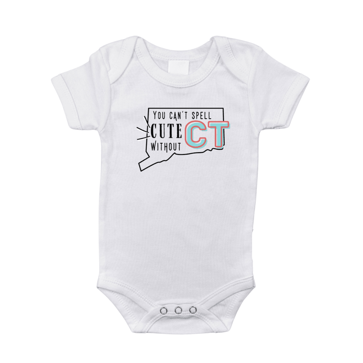 White baby onesie with "Connecticut" in blue and "Little Hometown" in red, featuring a blue heart and state outline.