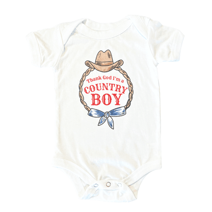 White onesie with "Country Boy" in blue text, featuring a cowboy hat and boots graphic, on a plain background.