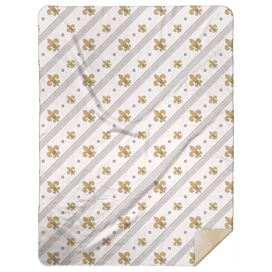 Soft plush throw blanket with a white fleur-de-lis pattern on a white background, 60x80 inches.