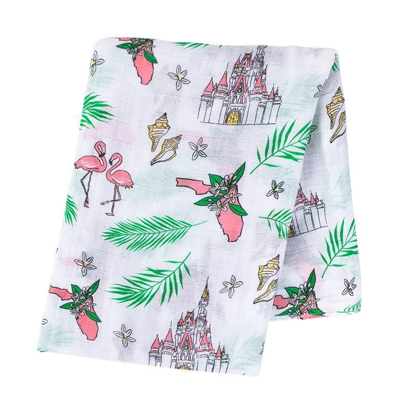 Floral baby muslin swaddle blanket with pink, yellow, and green flowers on a white background.