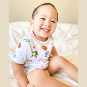 Toddler wearing Florida-themed pajamas with colorful state icons, standing on a white background.