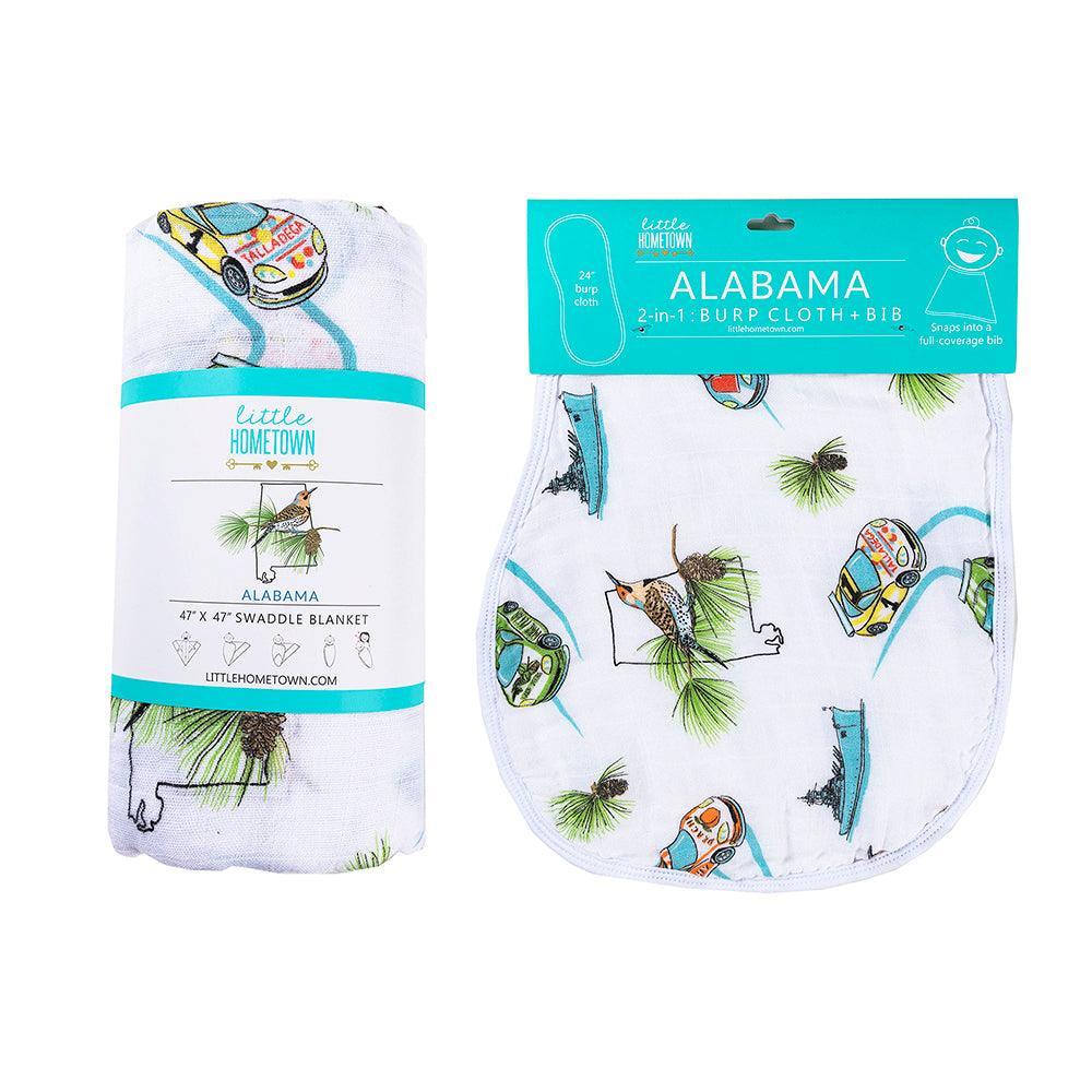 Gift Set: Alabama Baby Muslin Swaddle Blanket and Burp Cloth/Bib Combo - Little Hometown