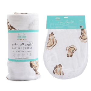 Gift Set: Aw Shucks! Oyster Baby Muslin Swaddle Blanket and Burp Cloth/Bib Combo - Little Hometown