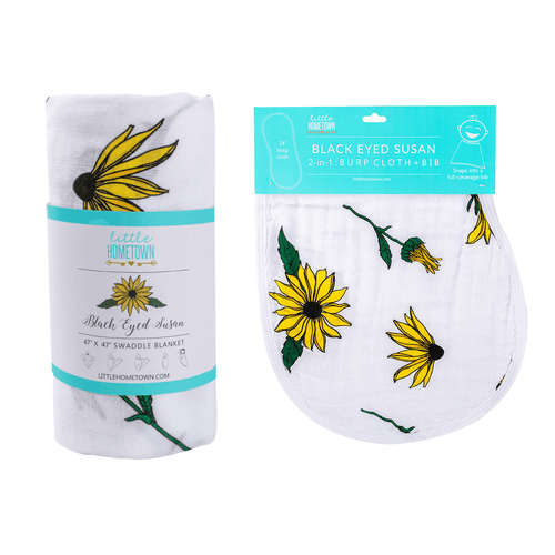 Black-eyed Susan muslin swaddle and burp cloth set, featuring vibrant yellow flowers on a white background.