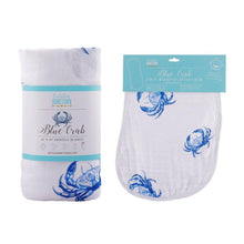 Load image into Gallery viewer, Gift Set: Blue Crab Baby Muslin Swaddle Blanket and Burp Cloth/Bib Combo - Little Hometown
