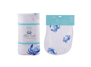 Gift Set: Blue Crab Baby Muslin Swaddle Blanket and Burp Cloth/Bib Combo - Little Hometown