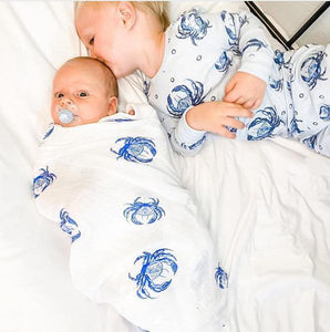 Gift Set: Blue Crab Baby Muslin Swaddle Blanket and Burp Cloth/Bib Combo - Little Hometown
