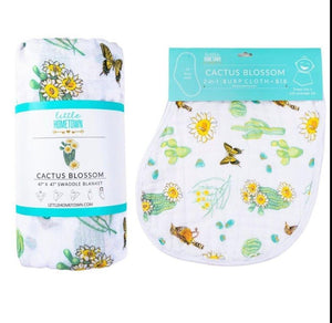 Gift Set: Cactus Blossom Baby Muslin Swaddle Blanket and Burp/Bib Combo - Little Hometown