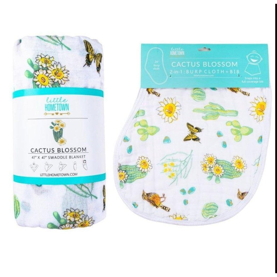 Gift Set: Cactus Blossom Baby Muslin Swaddle Blanket and Burp/Bib Combo - Little Hometown