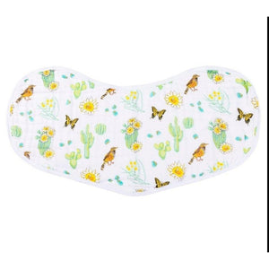 Cactus-themed baby muslin swaddle blanket and burp bib set, featuring vibrant green cacti on a white background.