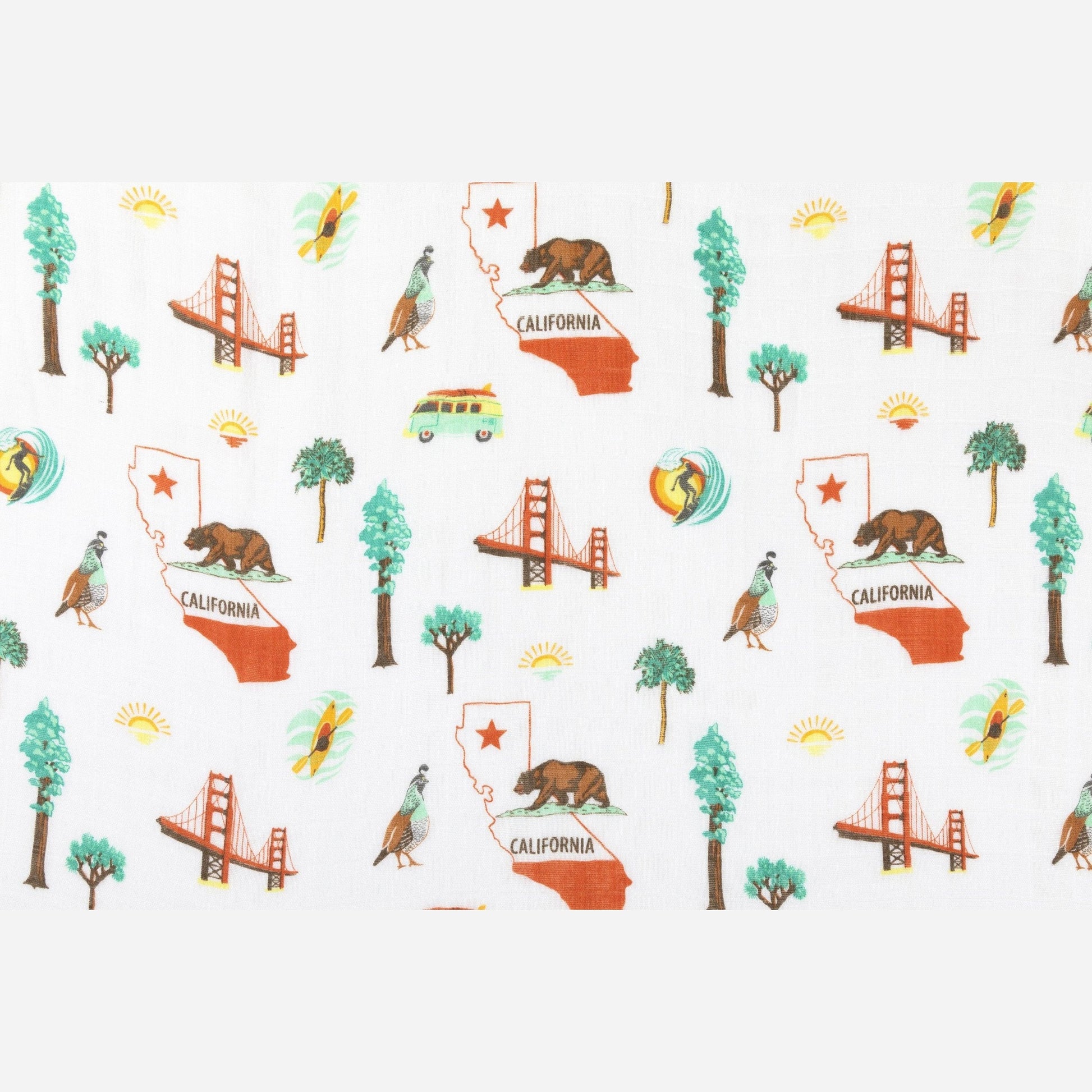 California Baby muslin swaddle blanket and burp cloth set with playful bear and tree patterns on a white background.
