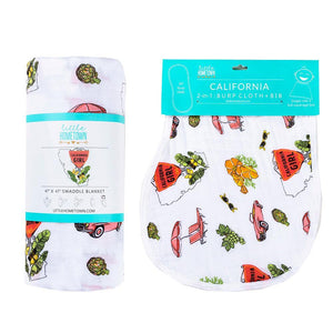 Gift Set: California Girl Muslin Swaddle Blanket and Burp Cloth/Bib Combo - Little Hometown