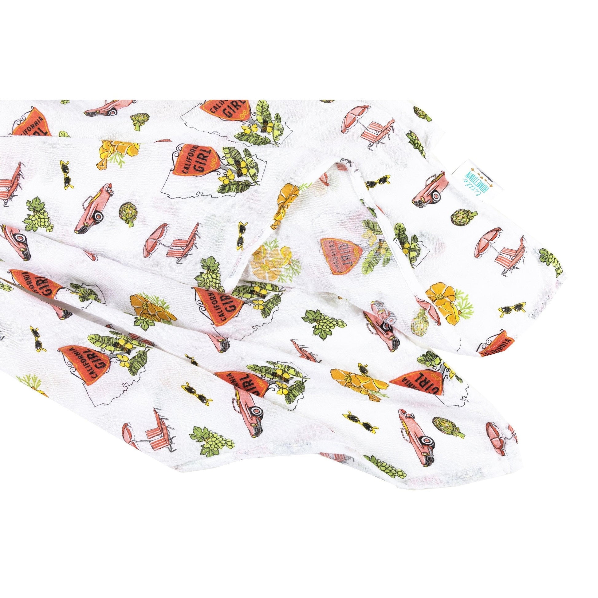 Gift set with a California-themed muslin swaddle blanket and burp cloth/bib combo, featuring vibrant designs.