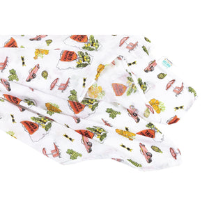 Gift set with a California-themed muslin swaddle blanket and burp cloth/bib combo, featuring vibrant designs.