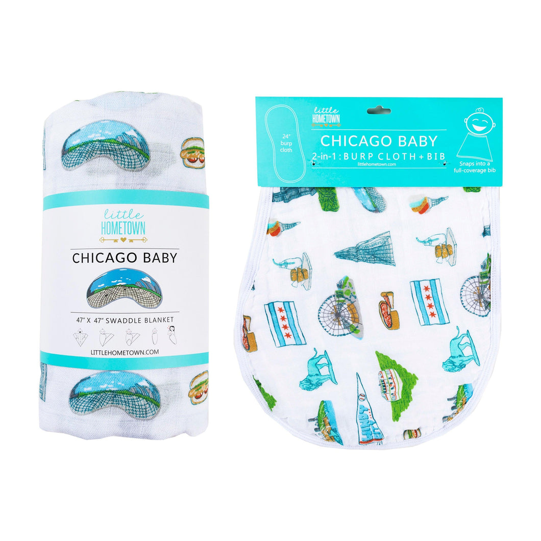 Gift Set: Chicago Baby Muslin Swaddle Blanket and Burp Cloth/Bib Combo - Little Hometown