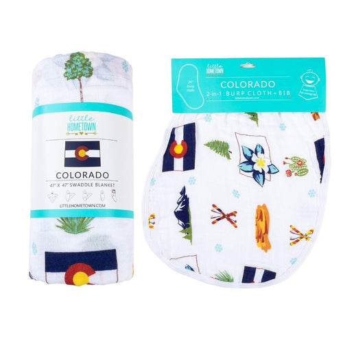 Gift Set: Colorado Baby Muslin Swaddle Blanket and Burp Cloth/Bib Combo - Little Hometown