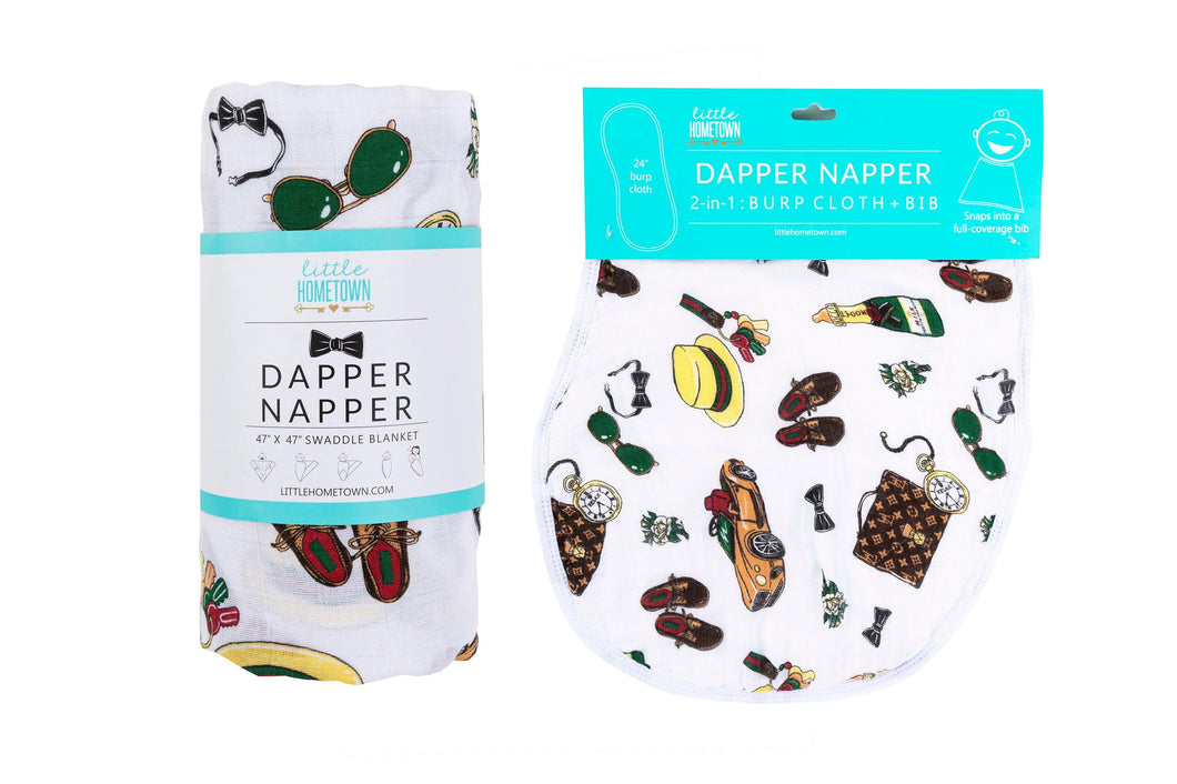 Gift Set: Dapper Napper Baby Muslin Swaddle Blanket and Burp Cloth/Bib Combo - Little Hometown