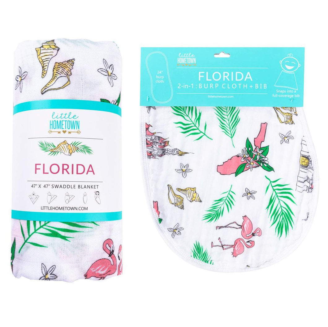 Gift Set: Florida Baby Muslin Swaddle Blanket and Burp Cloth/Bib Combo (Floral) - Little Hometown