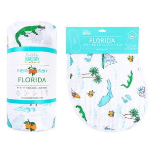 Gift Set: Florida Baby Muslin Swaddle Blanket and Burp Cloth/Bib Combo - Little Hometown