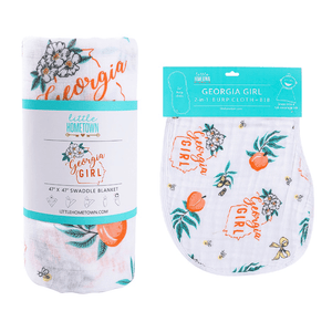 Gift Set: Georgia Girl Muslin Swaddle Blanket and Burp Cloth/Bib Combo - Little Hometown