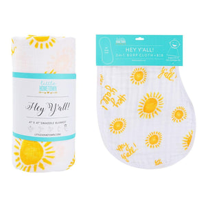 Gift Set: Hey Y'all Baby Muslin Swaddle Blanket and Burp Cloth/Bib Combo - Little Hometown