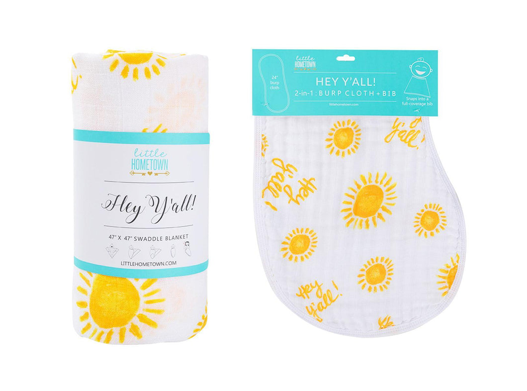 Gift Set: Hey Y'all Baby Muslin Swaddle Blanket and Burp Cloth/Bib Combo - Little Hometown