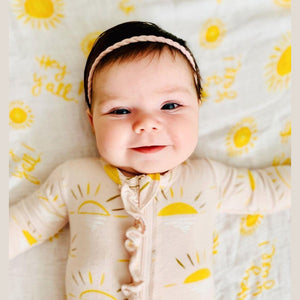 Hey Y'all baby muslin swaddle blanket and burp cloth set with playful Southern-themed illustrations.