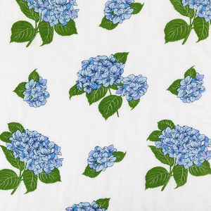 Hydrangea-themed baby muslin swaddle blanket and burp cloth set, featuring soft pastel colors and floral patterns.