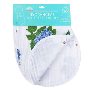 Hydrangea-themed baby muslin swaddle blanket and burp cloth set, featuring soft pastel colors and floral patterns.