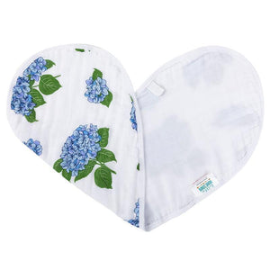 Hydrangea-themed baby muslin swaddle blanket and burp cloth set, featuring soft pastel colors and floral patterns.