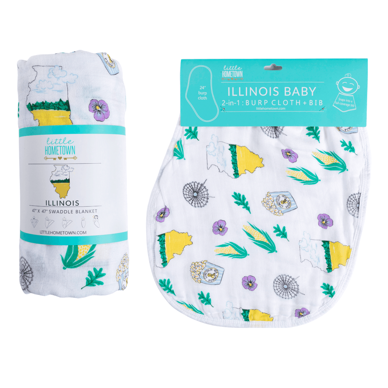 Illinois-themed baby gift set with muslin swaddle blanket and burp cloth/bib combo, featuring state icons.