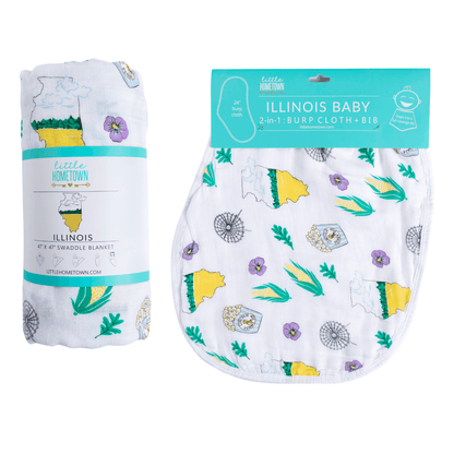Illinois-themed baby gift set with muslin swaddle blanket and burp cloth/bib combo, featuring state icons.