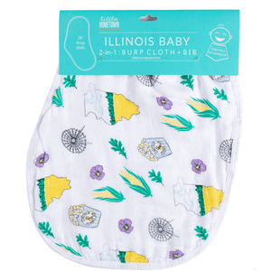 Illinois-themed baby gift set with muslin swaddle blanket and burp cloth, featuring state icons and landmarks.