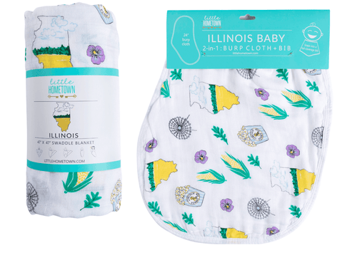 Gift Set: illinois Baby Muslin Swaddle Blanket and Burp Cloth/Bib Combo - Little Hometown