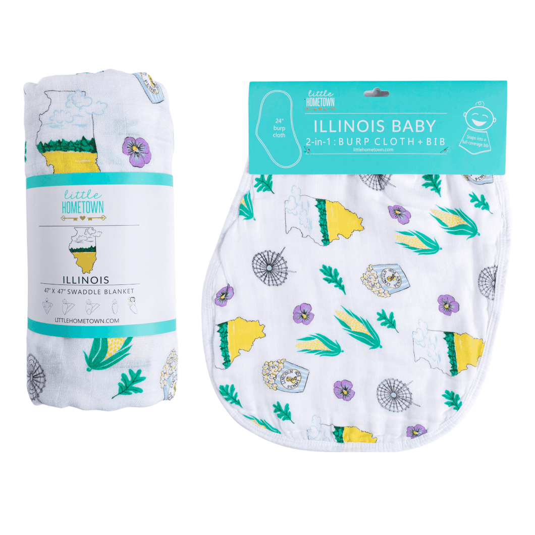 Illinois-themed baby gift set with muslin swaddle blanket and burp cloth/bib combo, featuring state icons.