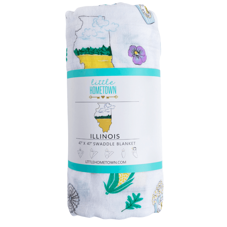 Illinois-themed baby gift set with muslin swaddle blanket and burp cloth/bib combo, featuring state icons.