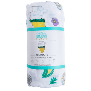 Illinois-themed baby gift set with muslin swaddle blanket and burp cloth/bib combo, featuring state icons.