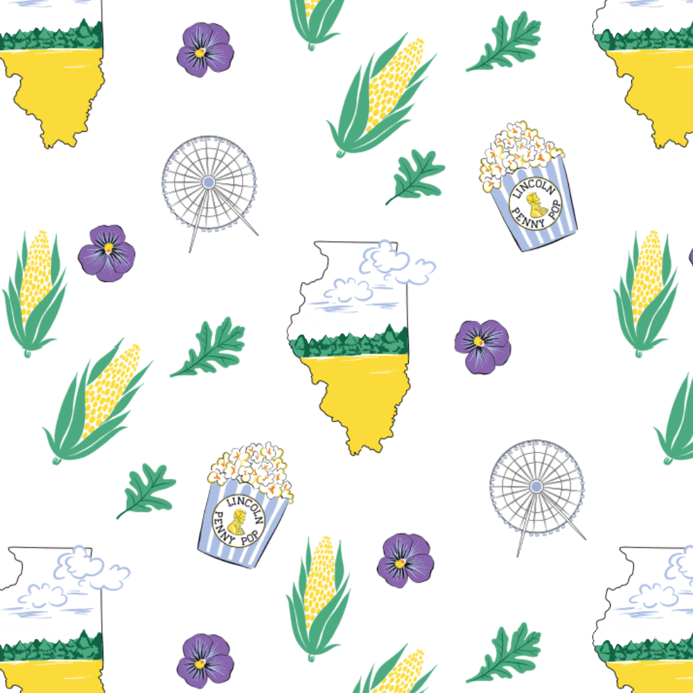 Illinois-themed baby gift set with muslin swaddle blanket and burp cloth, featuring state icons and landmarks.