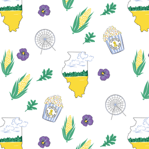 Illinois-themed baby gift set with muslin swaddle blanket and burp cloth, featuring state icons and landmarks.