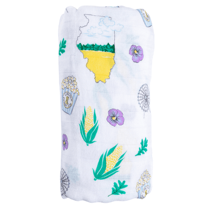 Illinois-themed baby gift set with muslin swaddle blanket and burp cloth/bib combo, featuring state icons.