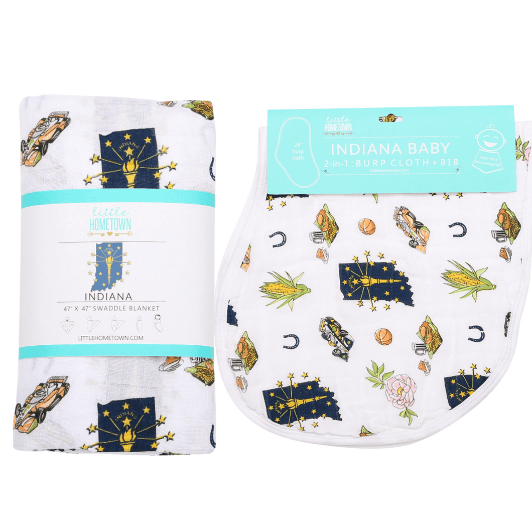 Indiana-themed baby gift set with muslin swaddle blanket and burp cloth/bib combo, featuring state icons.