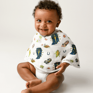 Indiana-themed baby gift set with muslin swaddle blanket and burp cloth/bib combo, featuring state icons.