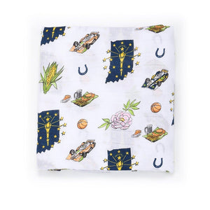 Indiana-themed baby gift set with muslin swaddle blanket and burp cloth/bib combo, featuring state icons.