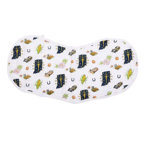 Indiana-themed baby gift set with muslin swaddle blanket and burp cloth, featuring state icons and landmarks.
