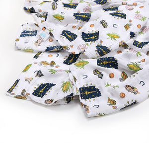 Indiana-themed baby gift set with muslin swaddle blanket and burp cloth/bib combo, featuring state icons.
