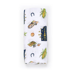 Indiana-themed baby gift set with muslin swaddle blanket and burp cloth/bib combo, featuring state icons.