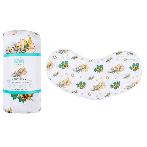 Floral-themed muslin swaddle blanket and burp cloth set, featuring delicate pink and green flower patterns.