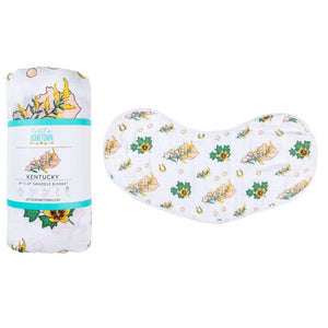 Floral-themed muslin swaddle blanket and burp cloth set, featuring delicate pink and green flower patterns.