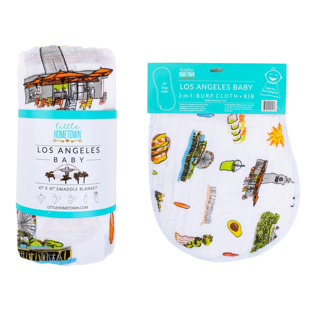 Gift Set: Los Angeles Baby Muslin Swaddle Blanket and Burp Cloth/Bib Combo - Little Hometown