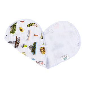 Los Angeles-themed baby gift set with muslin swaddle blanket and burp cloth, featuring iconic city landmarks.